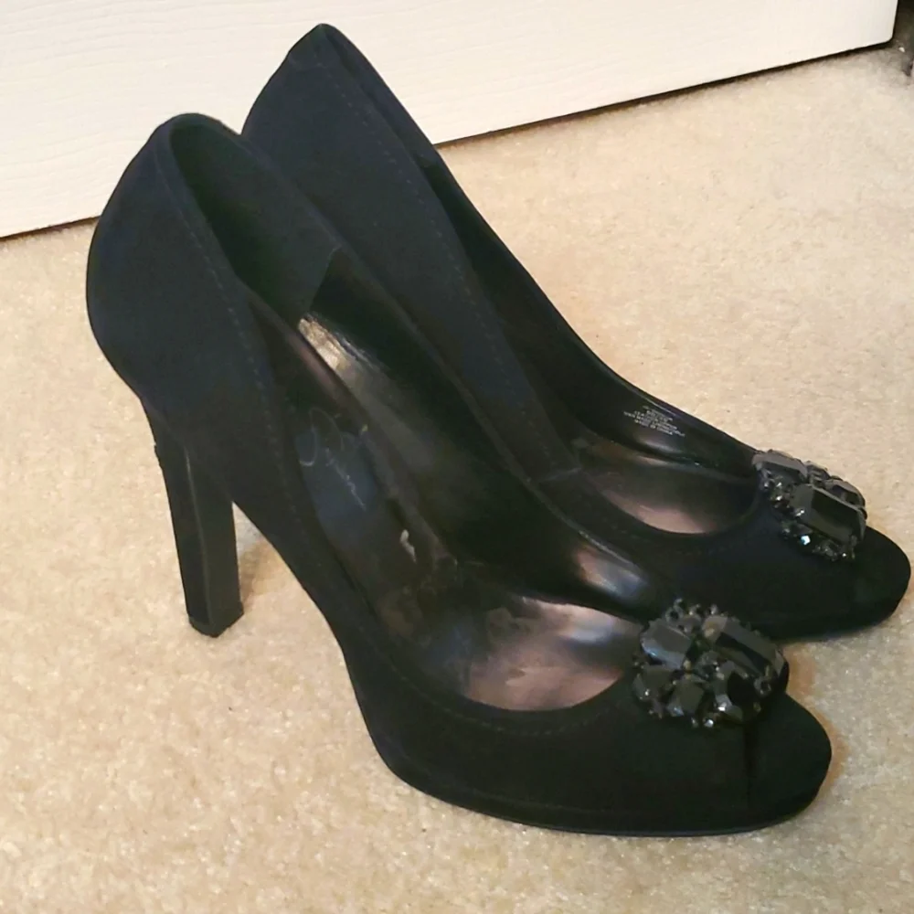 Jessica Simpson black peep toe black heels with bling. Size 9